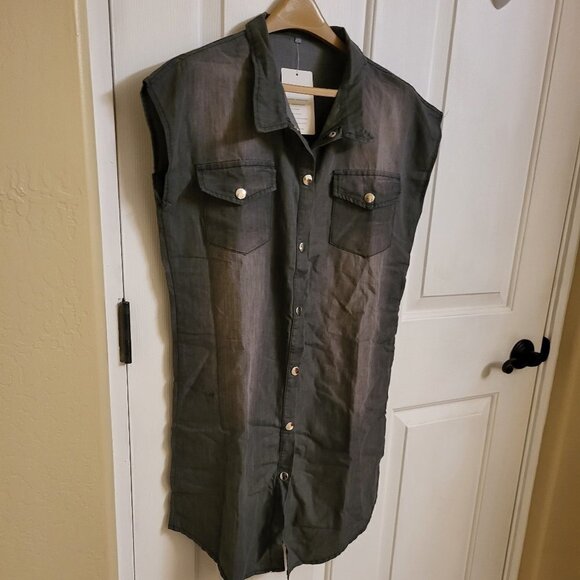 NXH Black Distress Denim Sleeveless Pocket Button Up Dress NWT Size Medium - Picture 3 of 8